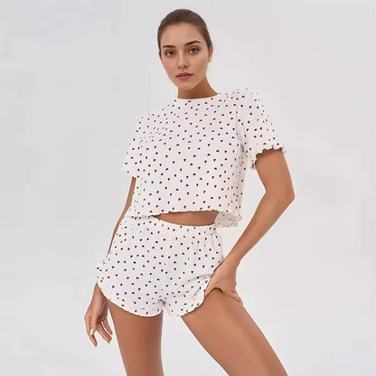 Womens Cute Heart Print Pajama Set Two Piece Short Sleeve Crop Top Ruffle Shorts Sleepwear Loungewear Casual Summer Nightwear ﻿