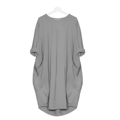 Women Casual Loose Dress with Pocket Fashion Ladies Solid Dress Women's O Neck Long Tops T Shirt Dress Streetwear Plus Size Grey