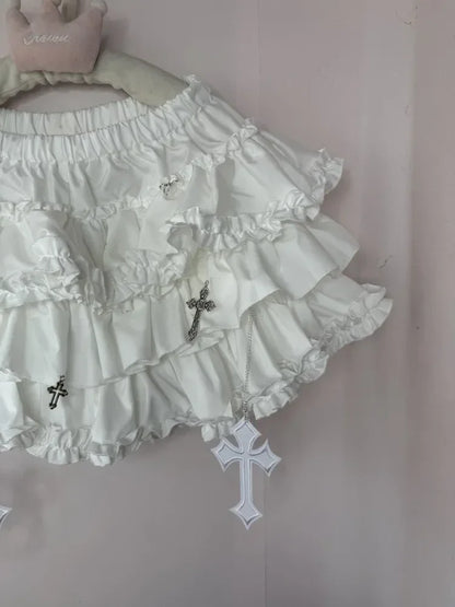 Emo Women Y2K Japanese Goth Elastic Waist Cross Mini Short Skirt High Waist Aesthetic Acubi Ruffle Skirts A-line 2000s Clothes