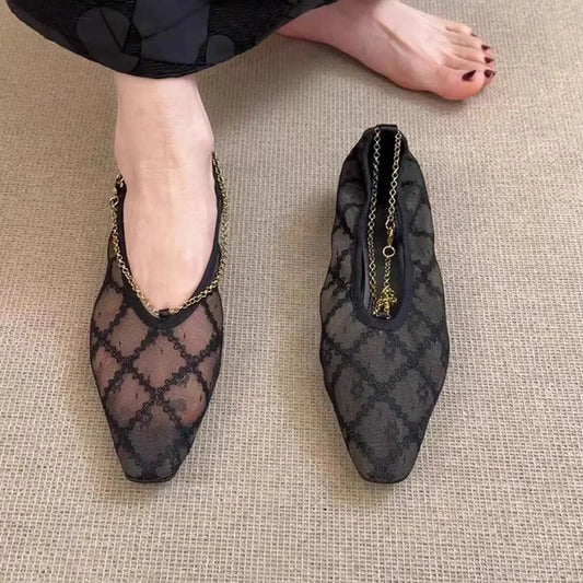 2025 New Lace Mesh Breathable Single Shoes Women's Summer French Square Toe Slip-On Chain Mary Jane Flats black