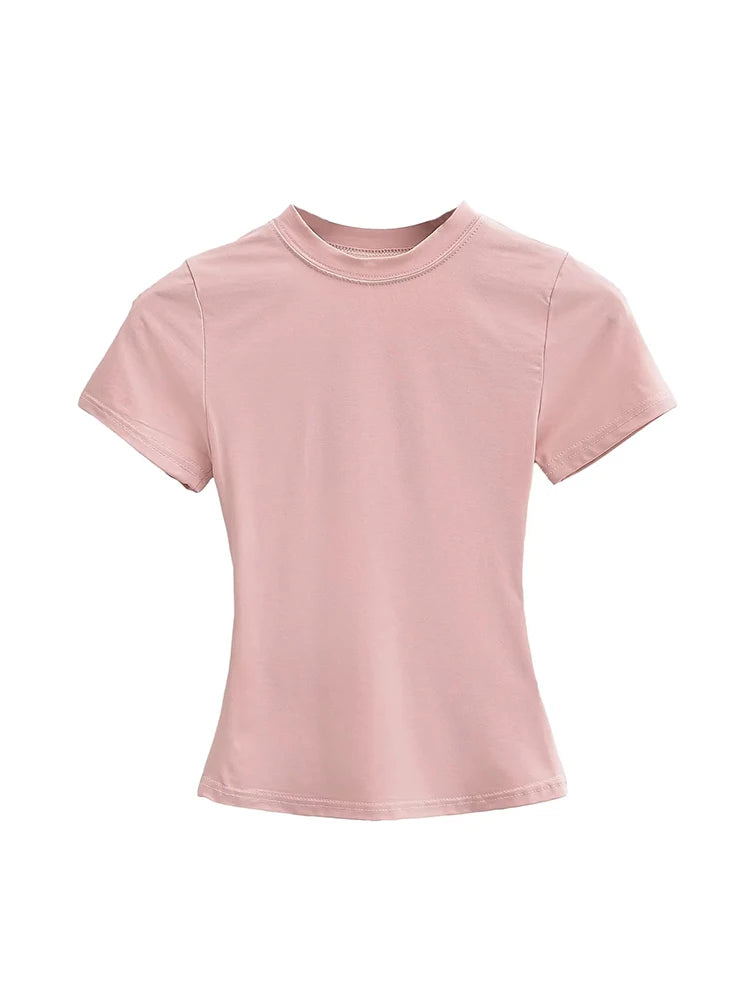 2025 New High Quality Casual T shirt Sexy Slim Short Sleeves Fashion Trend Solid Women Clothing y2k Tops Pink
