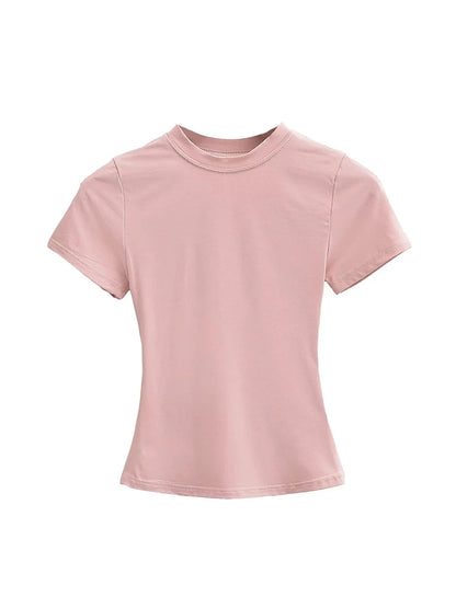 2025 New High Quality Casual T shirt Sexy Slim Short Sleeves Fashion Trend Solid Women Clothing y2k Tops Pink