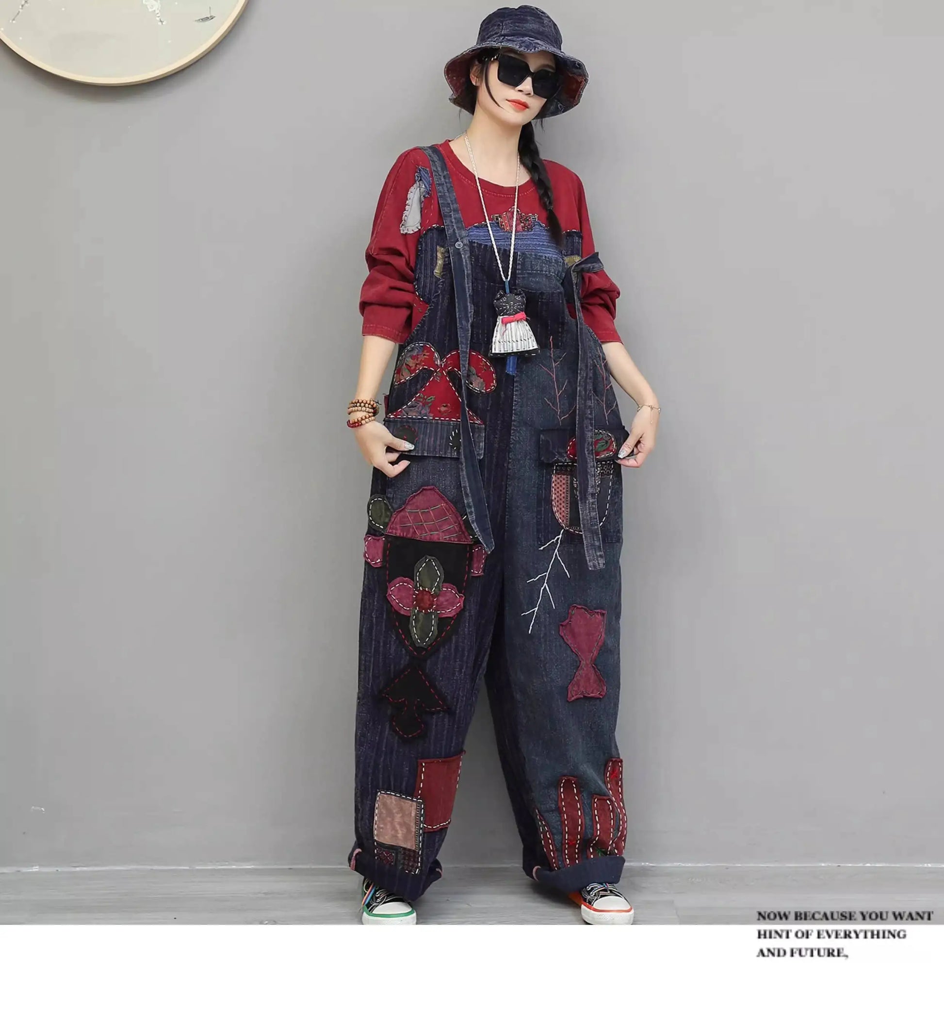 Hand Embroidery Old Cloth Patchwork Wide Leg Strap Long Pants Women Autumn Loose High Waist Jumpsuit LX4343 Badiee Stylez