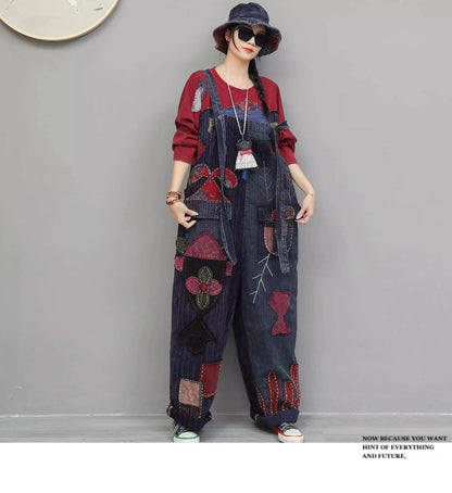 Hand Embroidery Old Cloth Patchwork Wide Leg Strap Long Pants Women Autumn Loose High Waist Jumpsuit LX4343 Badiee Stylez