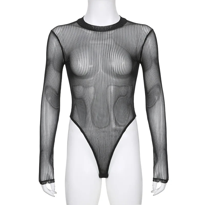 See Through Bodysuit Backless Hollow Out Transparent Club Jumpsuits Women Solid Black Tee Summer Elegant Sexy Streetwear