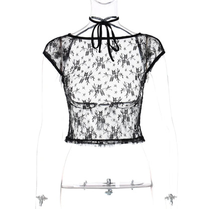 Hugcitar Mesh Short Sleeves Backless Black Lace Up See Through Sexy Crop Top T-Shirt 2024 Spring Women Y2K Streetwear Nightclub