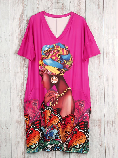 Plus Size Butterfly Print Dress Casual Short Sleeve V Neck Dress With Pockets Women's Plus Size Clothing