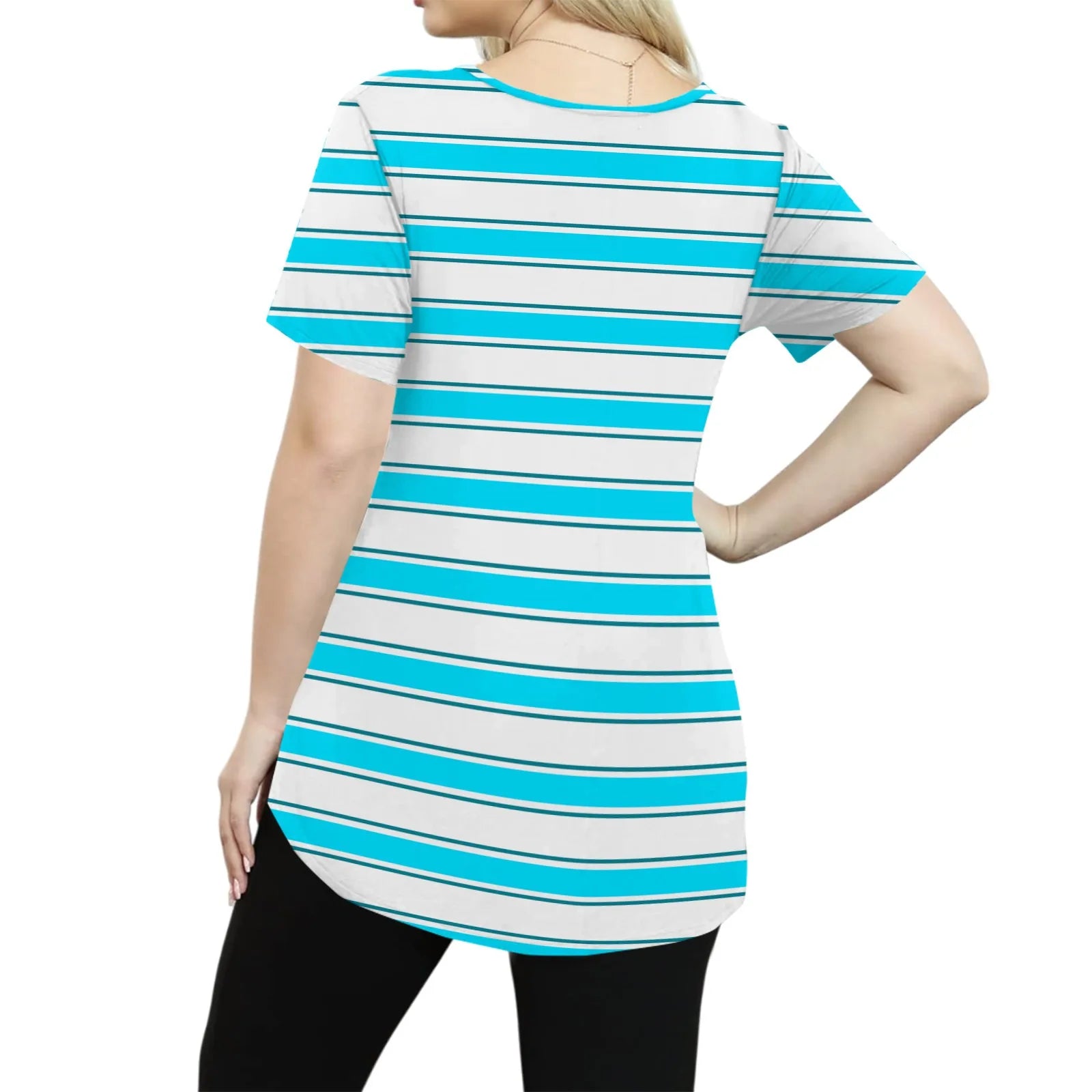 Plus Size Casual striped T-shirt For Women V neck short sleeves Loose Tops With Pocket Summer Daily Casual Plus Size Women's Top