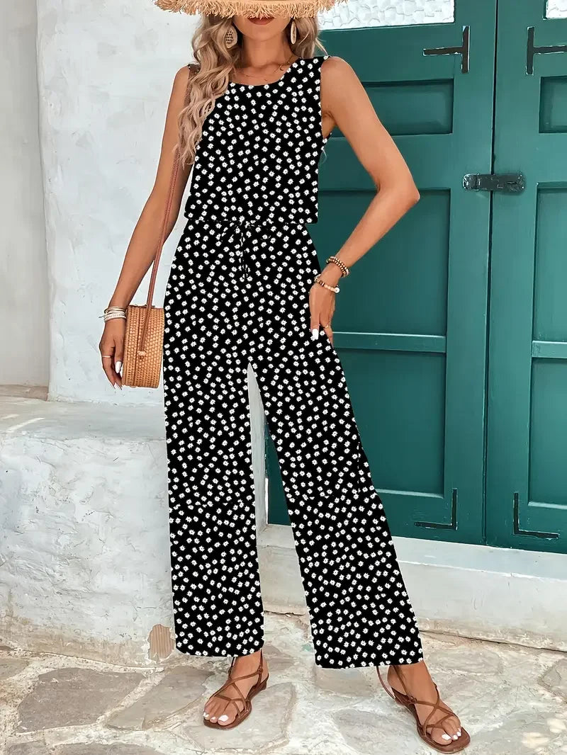Women's Elegant Polka Dot Casual Sleeveless Round Neck Jumpsuit Ladies Fashion Spring & Summer Summer Wide Leg Tank black
