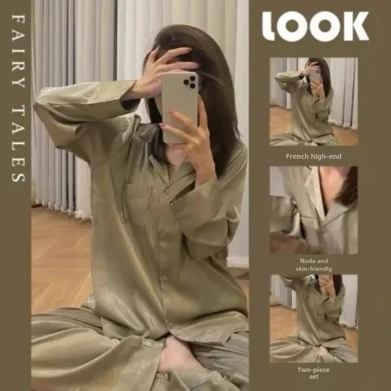 Women's Gray Ink Painting Ice Silk Pajamas Ladies Spring and Autumn Thin Long-Sleeved High-End Sleepwear Loungewear Cherry Print Twillgreen