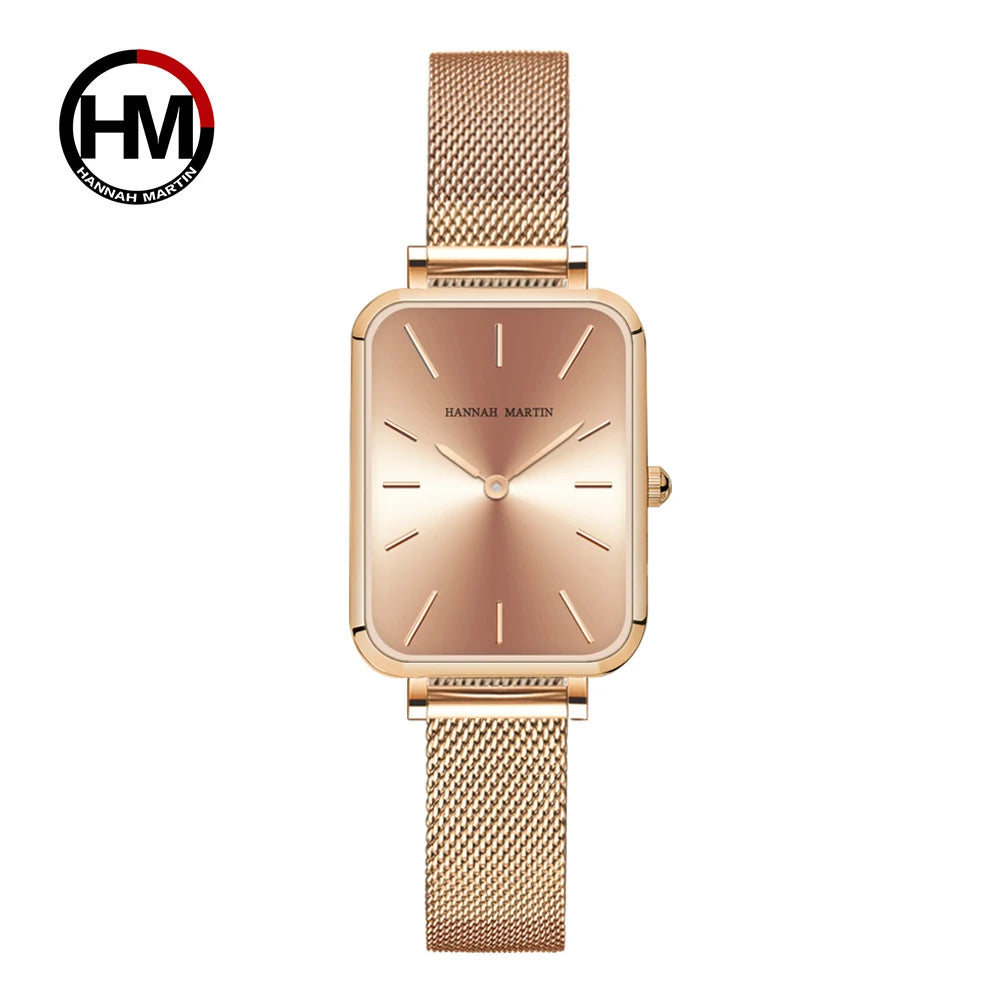 Square Women Stainless Steel Mesh Strap Watch Fashion Japanese Movement Rose Gold Simple Leisure Fashion Hannah Martin Watches 1241CC-WFF
