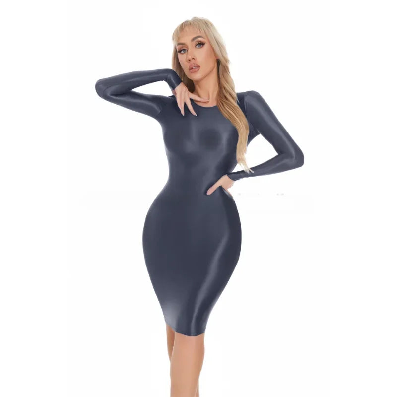 Sexy Women Bodycon Dresses Glossy Tight Dress Professional Uniform Seductive See-Through Underwear Seamless Nightdress For Lady