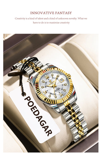 POEDAGAR Original Elegant Women's Watches Waterproof Luminous Date Women Watch Stainless Steel Quartz Fashion Ladies Wristwatch