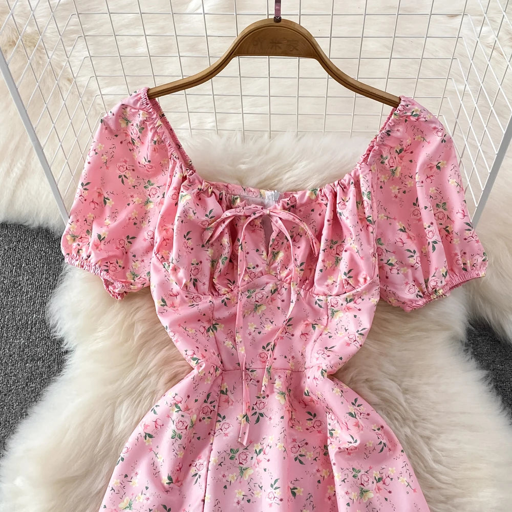 Summer Vintage Dress Blue Floral Summer Bubble Sleeve Tie Up Sexy Dresses Women A-line Print Split Long Dress Elegant Vestidos