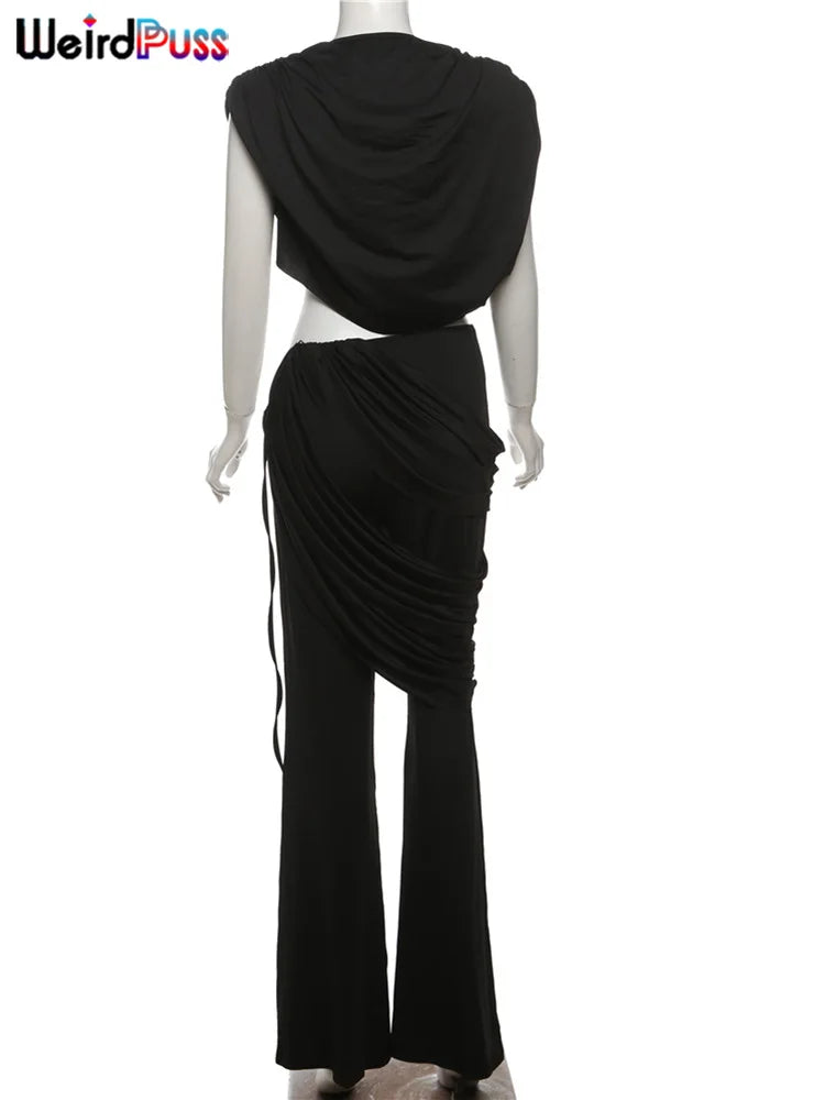 Weird Puss Elegant Irregular 2Piece Set Summer Women Chic Classic Tank Tops+Skirts Pants Matching Trend Ruched Suits Streetwear Badiee Stylez