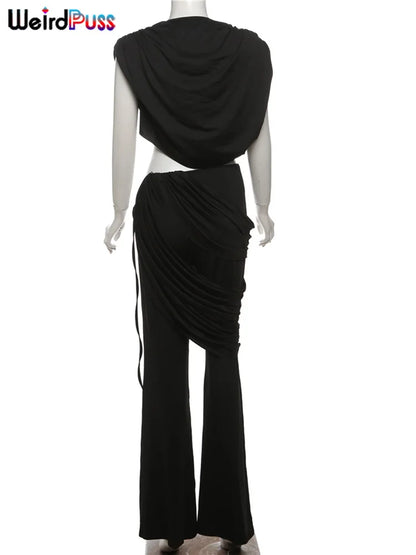 Weird Puss Elegant Irregular 2Piece Set Summer Women Chic Classic Tank Tops+Skirts Pants Matching Trend Ruched Suits Streetwear Badiee Stylez