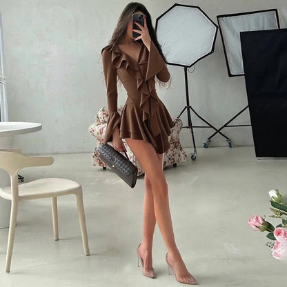 2025 New Autumn Irregular Hem Dress Women Y2K Flare Sleeve V-Neck Bandage Stretch Elegant Birthday Party Chic Hipster Bodycon Badiee Stylez