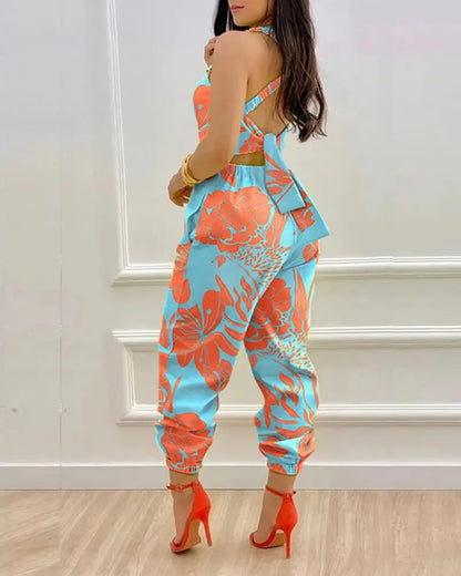 Women Printed Letter Jumpsuits Sleeveless V Neck Suspenders Backless High Waist Trousers Overall Rompers Pockets One Piece