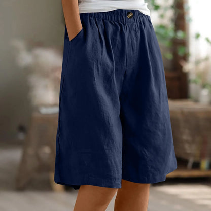 Female Fashion Solid Color Elastic High Waist Pocket Button Up Loose Cotton Linen Five Length Shorts Summer Soft Comfort Pants Navy