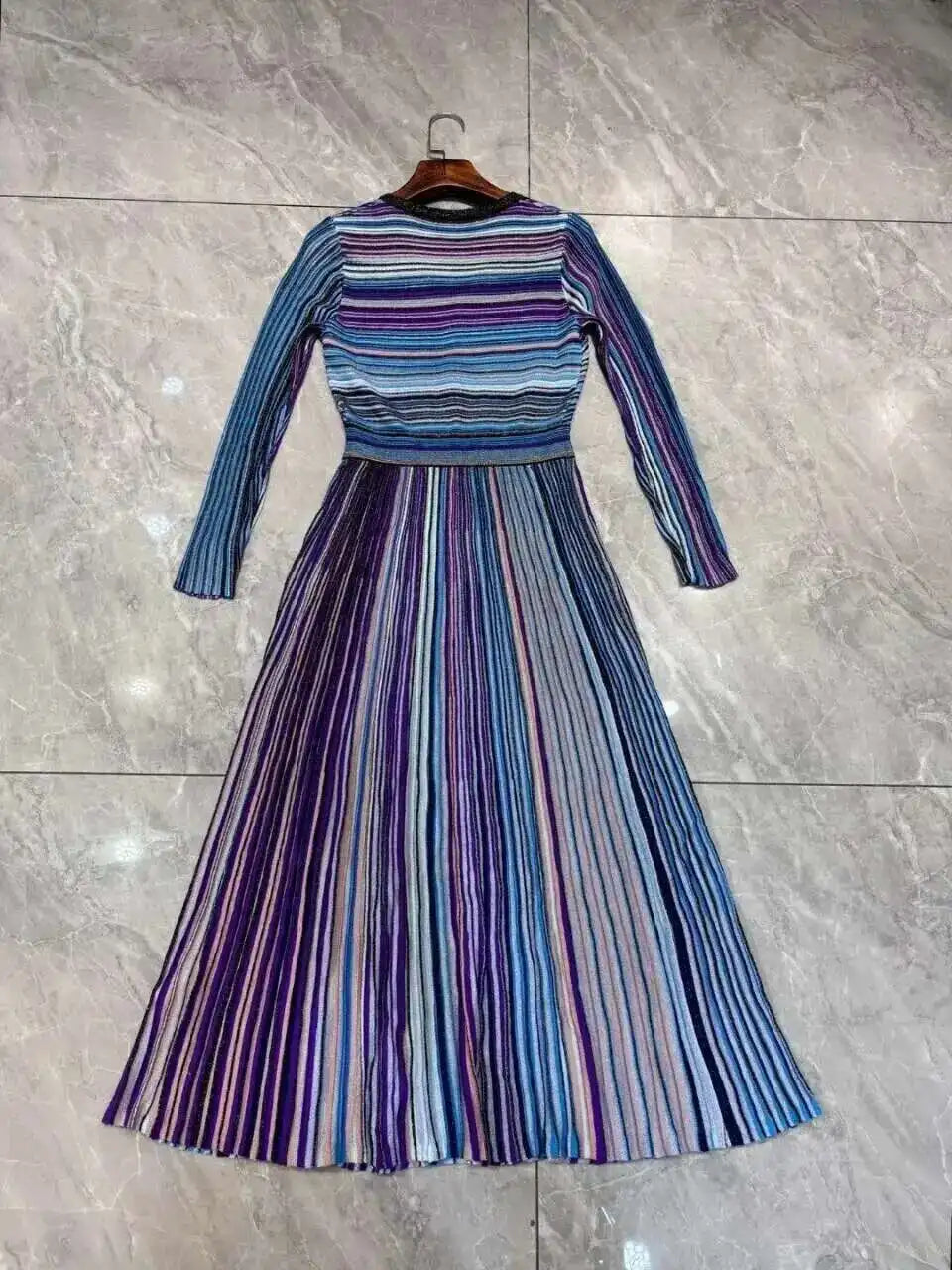QMQA Fashion Women's Gradient Stripes Design Dresses V Neck High Waist Long Sleeve Elegant Party Dress Female Spring New 1A116 Badiee Stylez