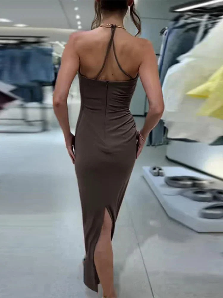 Women's V-neck Sleeveless Backless Slim Fit Metal Halter Jumpsuit Sexy Hollow out Long Robe Party Dress New Tank Top 2025 Summer