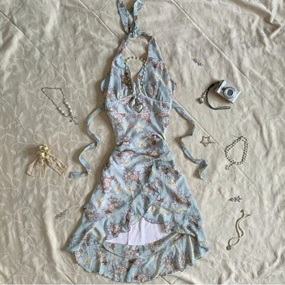 Fashion Y2K Summer Vintage Skirt Sexy V-neck sleeveless Brown Dress New Holiday Beach slim-fit lace mini dress Streetwear emo Cyan