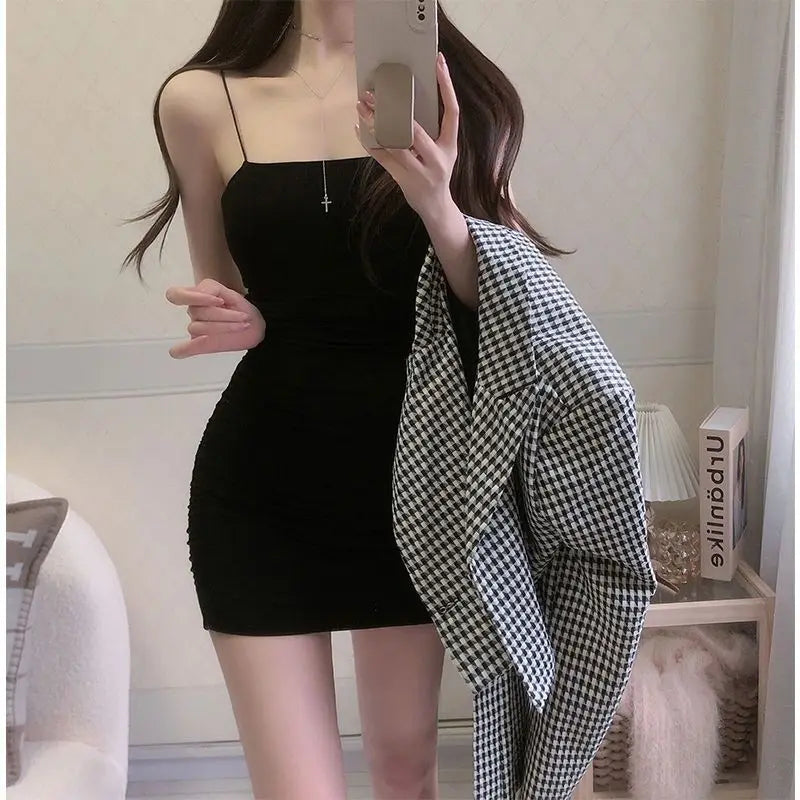 Women's Summer Solid Color Spaghetti Strap Sundress Sexy Mini Camisole Dress Bodycon Sleeveless Black for Club Party Badiee Stylez