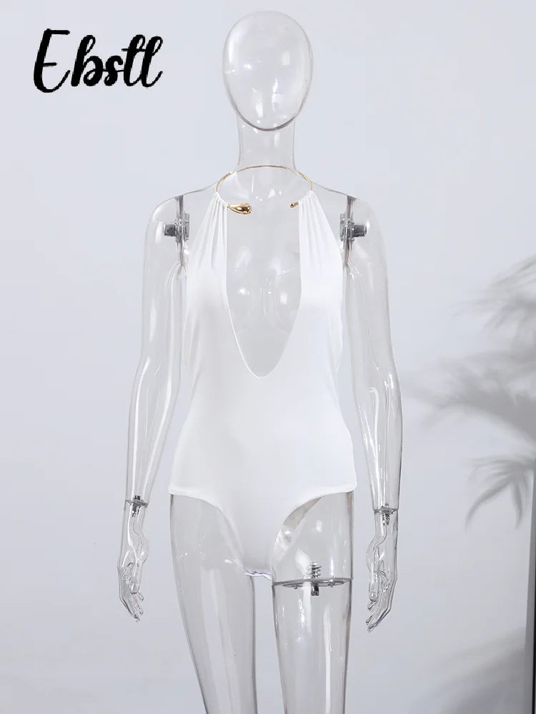 Sexy Metal Halter Deep V-neck Jumpsuits Women High Street Backless Sleeveless Short Bodysuit 2025 Summer New Lady Slim Clubwear