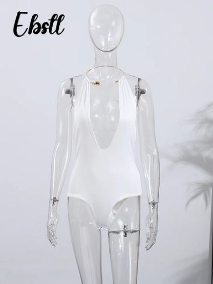 Sexy Metal Halter Deep V-neck Jumpsuits Women High Street Backless Sleeveless Short Bodysuit 2025 Summer New Lady Slim Clubwear