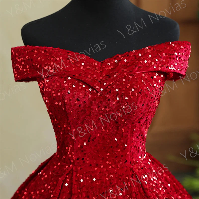 Y&M Novias Custom Plus Size Luxury Sequins Bow Off Shoulder Dark Red Quinceanera Dresses 15 Ball Gown For Party Vestido De Noiva Badiee Stylez