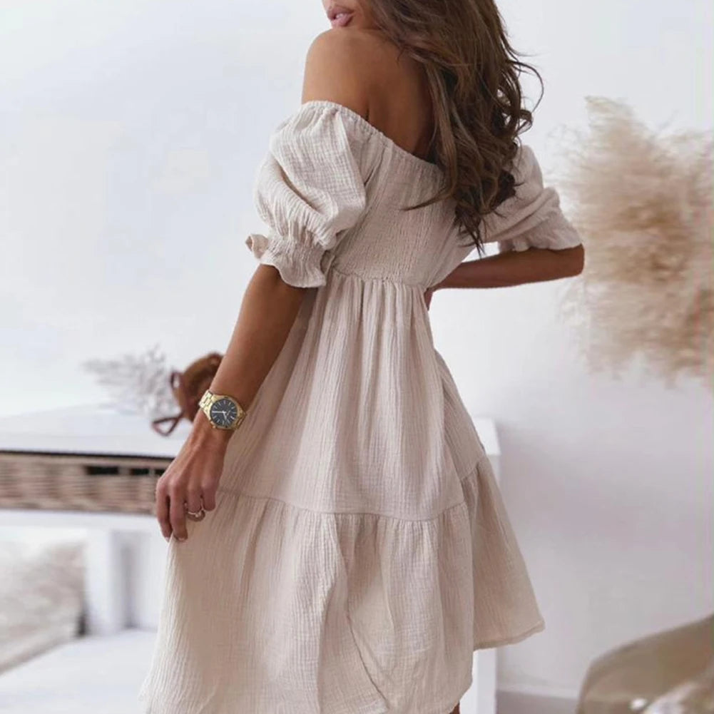 New Short Sleeve Off The Shoulder High Waist A-Line Pleated Dress Sexy Club Outfits Solid Color Summer Dress Women 2025
