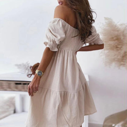 New Short Sleeve Off The Shoulder High Waist A-Line Pleated Dress Sexy Club Outfits Solid Color Summer Dress Women 2025