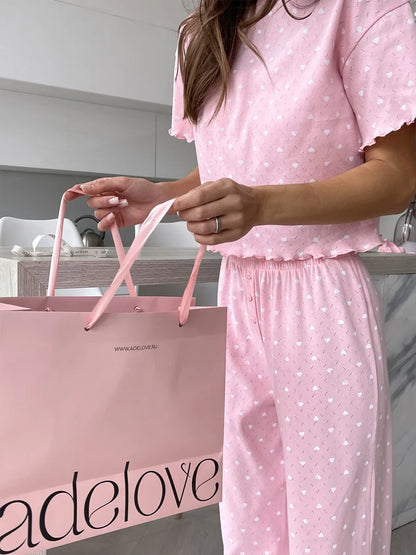 Muzuleva New Fashion Love-Printed Short-Sleeved Pants Pajama Set Women's Summer Pink Sleepwear Loose Casual 2-Piece Set