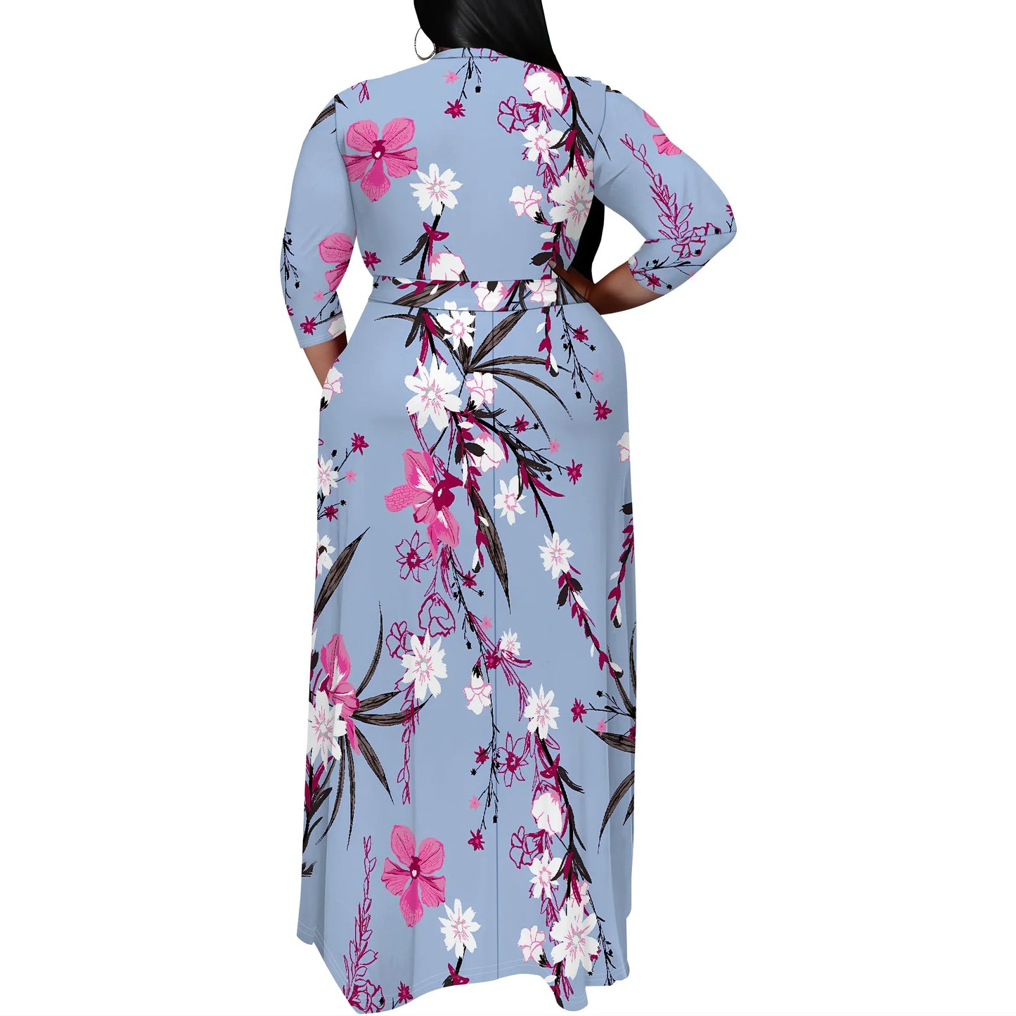 Plus Size Dress for Women - 3/4 Sleeve V-Neck Maxi Dress for Women with Belt and Pockets