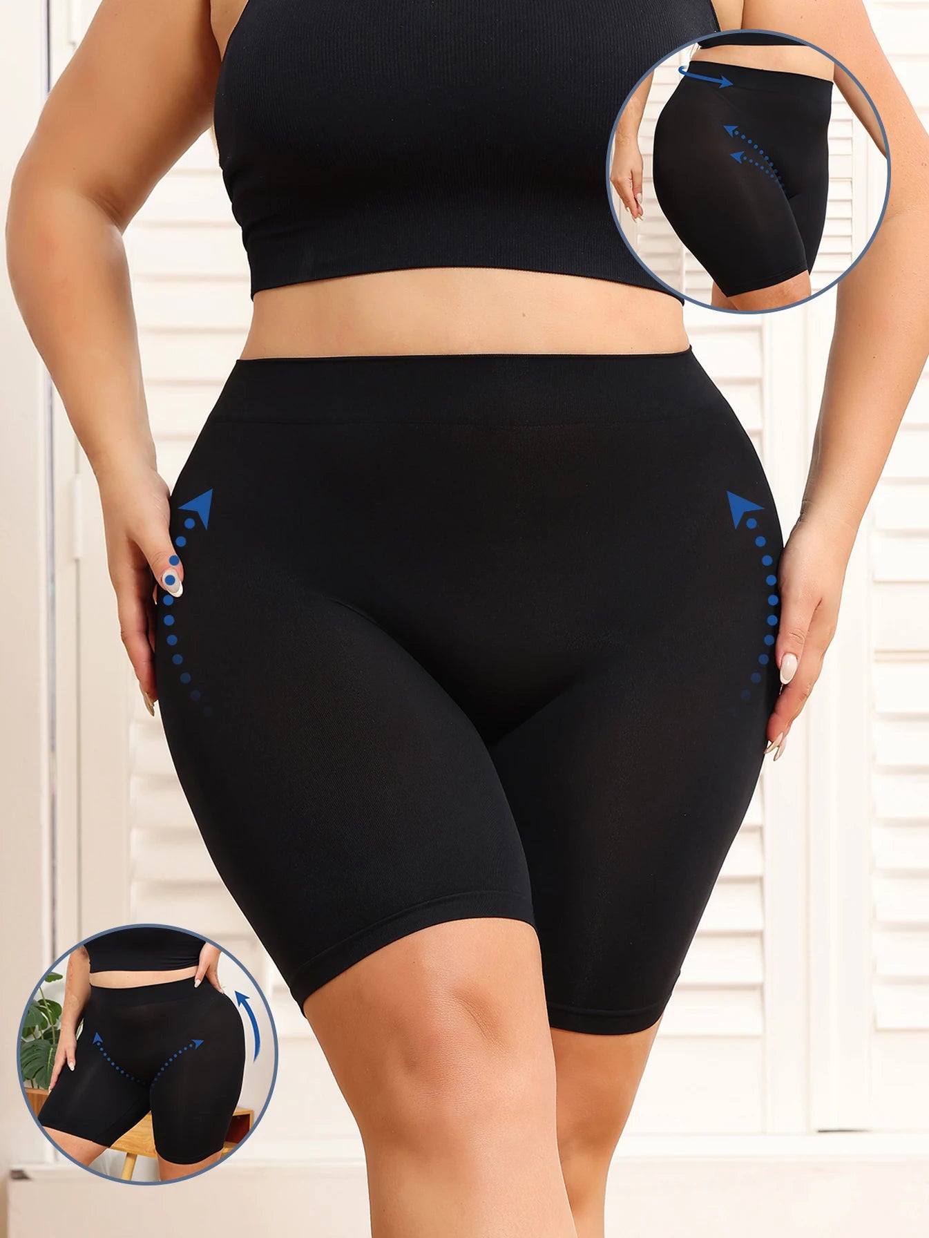 Plus-size women's shorts with tummy control and butt-lifting features to prevent exposure and provide safety shorts.