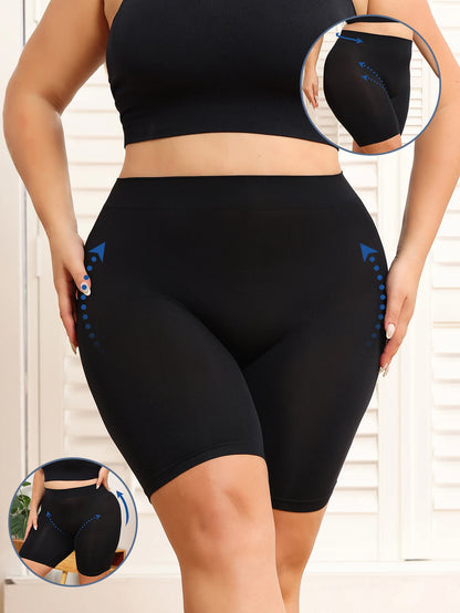 Plus-size women's shorts with tummy control and butt-lifting features to prevent exposure and provide safety shorts.