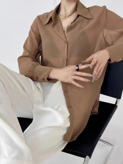 Sun-proof Transparent Shirt Female Mesh Long Sleeve Top Solid Color Summer Loose Chiffon Blouse Korean Fashion Cardigan Ladies