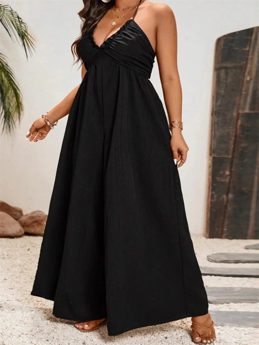 Women Plus Size Rompers Solid Color Sleeveless Halter Neck V-Neck Tie-Up Wide-Leg Jumpsuits Overalls for Summer Fashion