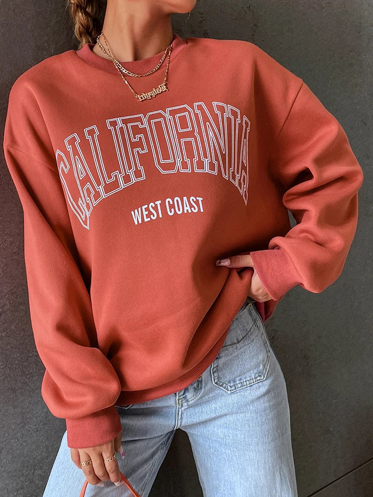 Korean Trend Woman Sweatshirts California West Coast Print Female hoodie Long Sleeves O-neck Pullovers Sporty and Rich Clothing Brick red
