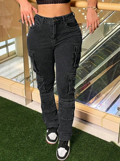 Women Y2K Street Cargo Style Slim-Fit Jeans Stretchy Button Zipper Side Pockets Casual Fashion Comfortable Denim Pants-Black