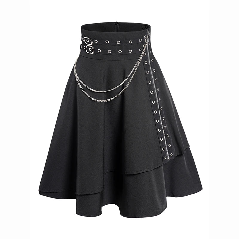 Dressfo Womens Asymmetic Hem Plaid Skirt Buckle Strap Detail Casual Midi A Line Dress Black Skirts 2024 New