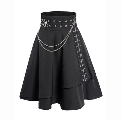 Dressfo Womens Asymmetic Hem Plaid Skirt Buckle Strap Detail Casual Midi A Line Dress Black Skirts 2024 New