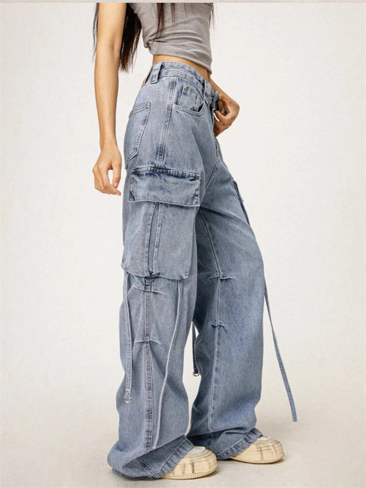 Women's Washed Blue Large Pocket Jeans Cool Girl High Waisted Fashion Loose Pants Female Straight Retro Denim Trousers