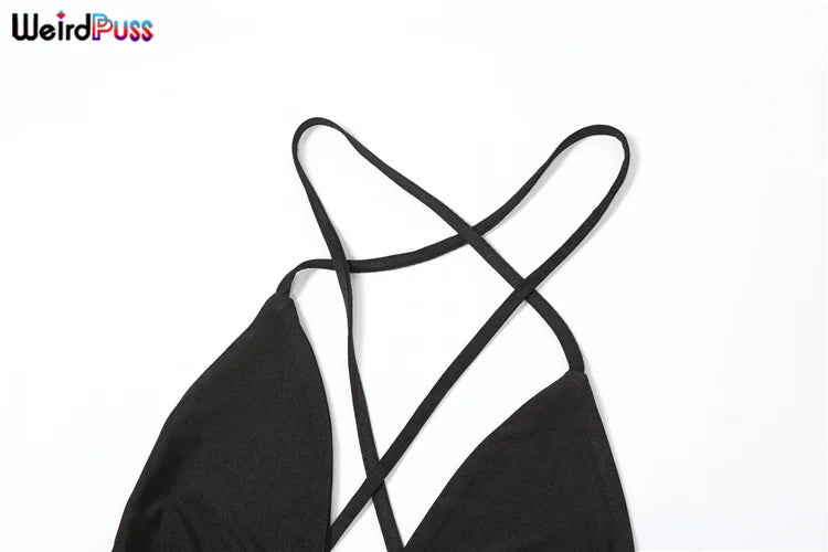 Weird Puss Hipster Fitness Jumpsuit Women Backless Sleeveless Deep v-Neck Cross Bandage Skinny Stretch Workout Sporty Streetwear