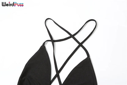 Weird Puss Hipster Fitness Jumpsuit Women Backless Sleeveless Deep v-Neck Cross Bandage Skinny Stretch Workout Sporty Streetwear