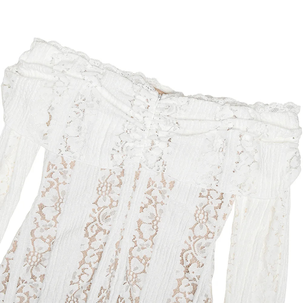 Suninheart White Off The Shoulder Autumn Bodycon Dress 2025 Long Sleeve Elegant Lace Maxi Dress Wedding Guest Dress for Women