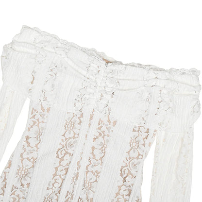 Suninheart White Off The Shoulder Autumn Bodycon Dress 2025 Long Sleeve Elegant Lace Maxi Dress Wedding Guest Dress for Women