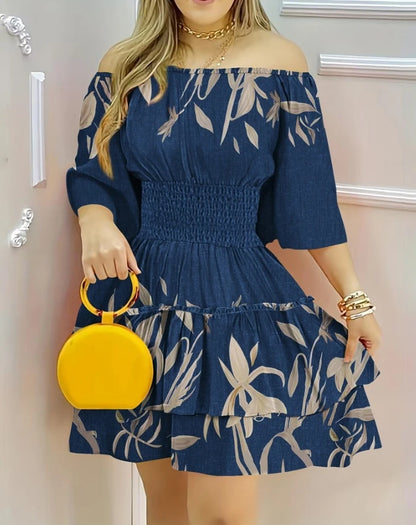 Women's Elegant Floral Print One Shoulder High Waist Dress Temperament Commuting 2024 Summer New Female Fashion A-Line Dresses