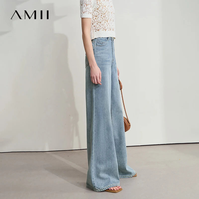 AMII Minimalist Blue Jeans Women 2025 Summer New Versatile Denim Wide Leg Pants Low Waist Thin Casual Loose Trousers 12542121