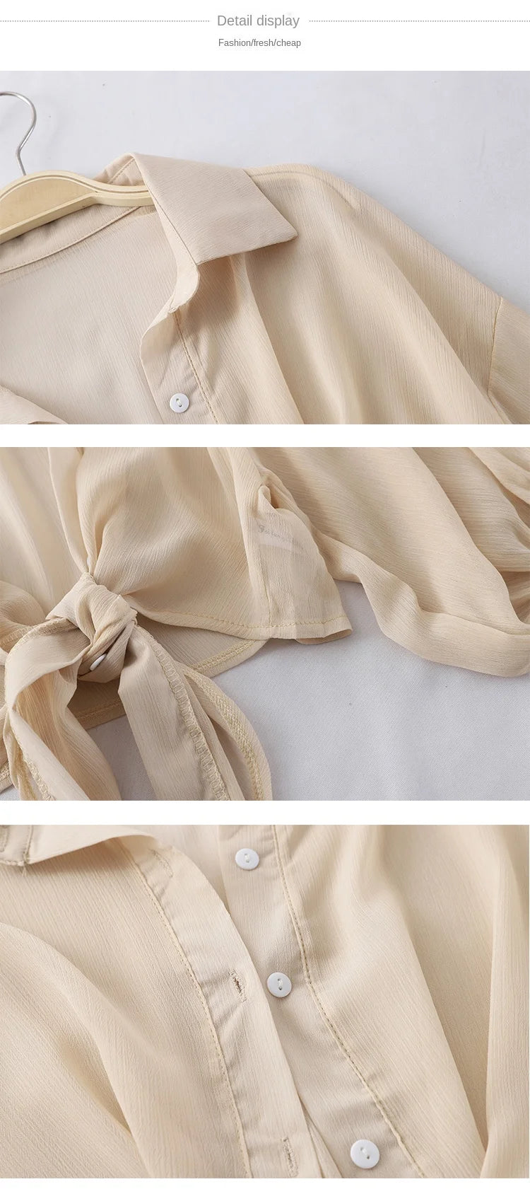 Casual Loose Hollow White Clothes Elegant Solid Color Tied Waist Blouse Women Summer Bat Half Sleeve Button Chiffon Shirt 9776